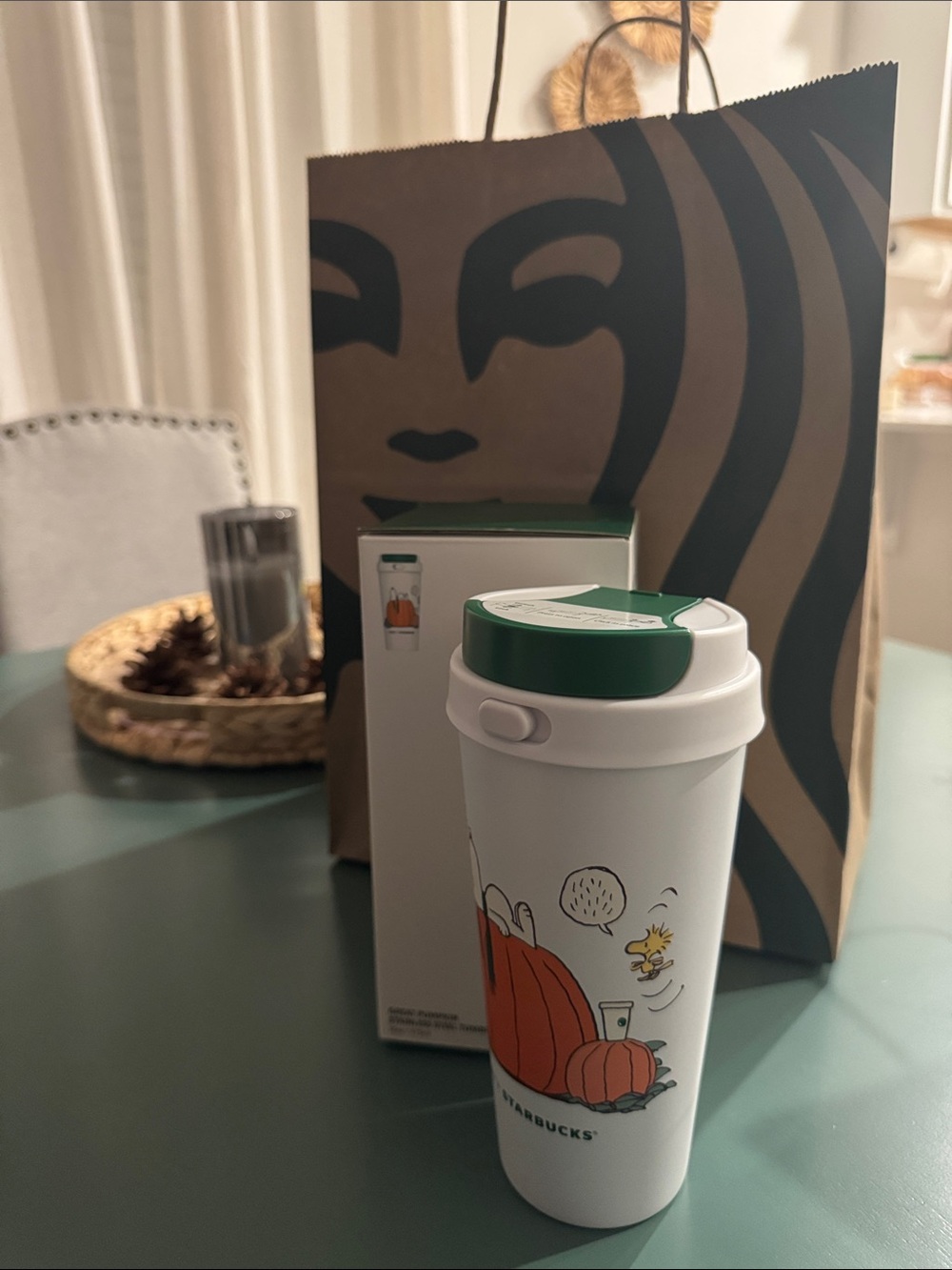 Starbucks White Travel Tumbler with Green Lid and Pumpkin Art